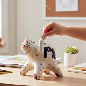 VTG Ceramic Piggy Bank Hand Painted Signed Pati Red White  Blue Stars Patriotic